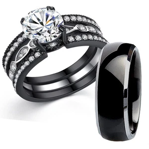 Set Fede Fidanzamento Matrimonio Lui e Lei Titanio Nero Acciaio Inox - Foto 1 di 9