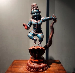 Vintage Dancing Krishna Statue Kaliya Big Sculpture Hindu Antique Home Decor Art - Picture 1 of 10