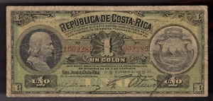 Costa Rica 1910 1 Colón, Cristóbal Colón Pic# 143 (FECHA RARA) - Imagen 1 de 2