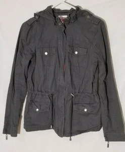 womens small gray Bongo drawstring jacket with pink trim and hood - Picture 1 of 6