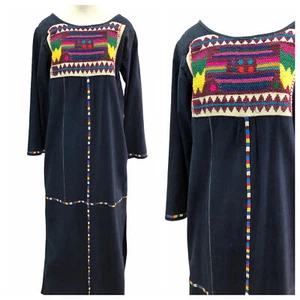 Vintage VTG 1970s 70s Crewel Embroidered Denim Long Sleeve Maxi Dress - Picture 1 of 3