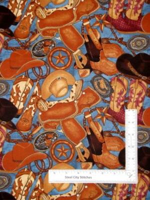 Cowboy Saddle Hat Blue Fabric My Hero Wears Boots Cotton Blank Textiles Yard - Image 1 of 2