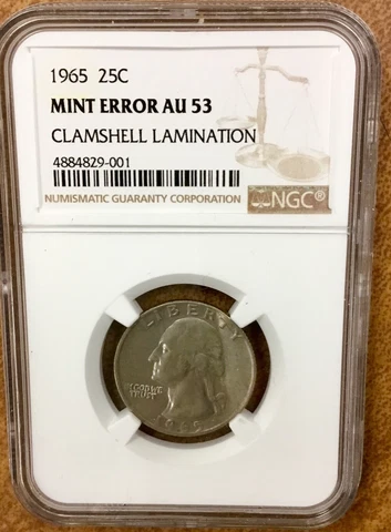 1965 Quarter ERROR CLAMSHELL  Lamination huge split NGC AU 53 Cover