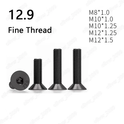 Fine Thread Black 12.9 Steel Hex Socket Countersunk Flat Head Screws M8/M10/M12 - Image 1 of 4