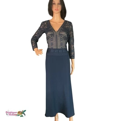 Vestido Tadashi Shoji Talla 4 Formal Azul Marino Floral Encaje Bordado Manga 3/4 Foto 1 de 4