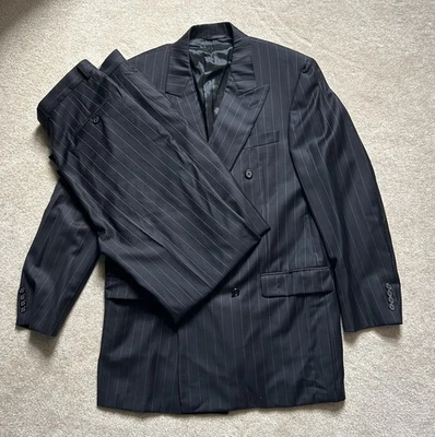 Hickey Freeman Bespoke Double Breasted Suit Black Ticket Pocket Mens 42L 36x30 - Image 1 of 4
