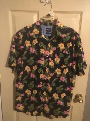 Camisa Para Hombres Chaps Azul Rosa Hibisco Floral Hawaiana Manga Corta Abotonada Grande Foto 1 de 3