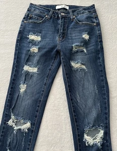 Pantalones de mezclilla ajustados KanCan para mujer desgastados talla 3/25 elásticos azul lavado oscuro - Imagen 1 de 11