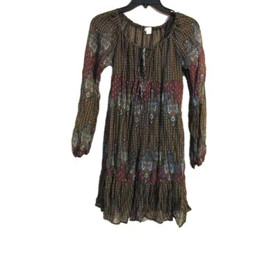 Vestido Boho Xhilaration Mujer Talla Pequeña Volantes Cuello Atado Manga Larga Forrado Marrón Foto 1 de 4