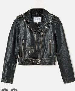 RE/DONE REDONE Black Distressed Cropped Vtg Leather Zip Up Moto Biker Jacket S - Picture 1 of 11