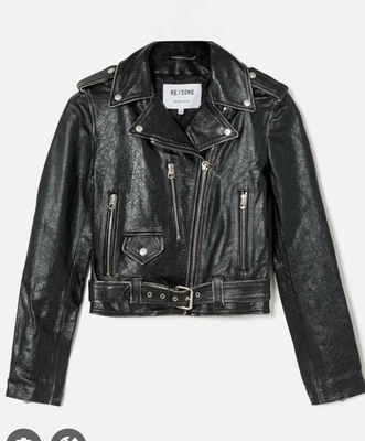 RE/DONE REDONE	Black Distressed Cropped Vtg Leather Zip Up Moto Biker Jacket S - Image 1 of 4