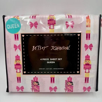 Betsey Johnson Queen 4 Piece Sheet Set Girl Nutcracker Bow Stripe Pink - Image 1 of 4