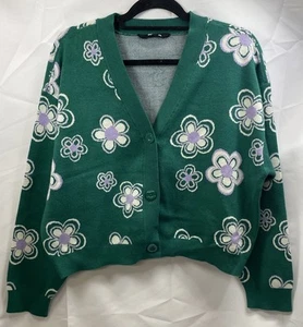 JAY JAYS Women's Sz XL Knit Green Cardigan Cropped Daisies Soft Viscose Blend - Picture 1 of 4