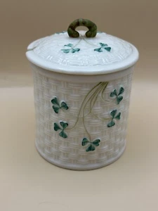 Belleek Ireland Shamrock Basket Weave Honey Jam Jelly Covered Jar GREEN MARK - Picture 1 of 6
