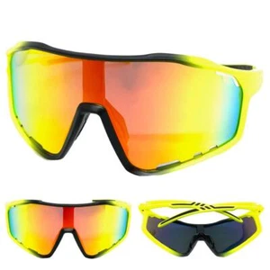 OVERSIZE WRAP AROUND Biker Cycling Shield SUNGLASSES Large Big Neon Yellow Frame - Picture 1 of 6