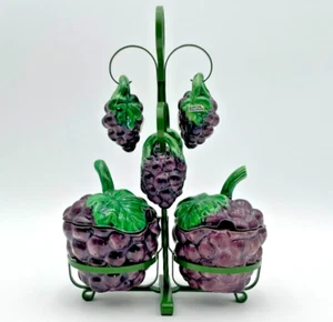VTG Ceramic Grape Condiment Jars 2 Pairs Salt & Peppers w/ Caddy Purple Kitchen - Picture 1 of 18