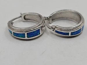 Blue Opal Inlay Silver Hoop Earrings - Picture 1 of 8