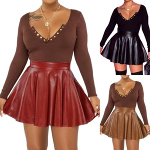 Women's PU Leather Mini Skirts Party Dress High Waist Ruffles Swing Dresses SIZE - Picture 1 of 20