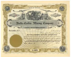 Butte-Corbin Mining Company. Certificato Stock. Montana - Foto 1 di 1
