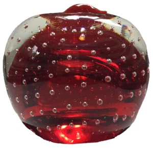 Red Cased Glass Apple Paperweight Controlled BubblesBullicanti Red Stem - Picture 1 of 12
