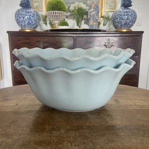 Pair Of Ballard Designs Provence Light Blue Scalloped Oval Serving Bowl 12” - Picture 1 of 8