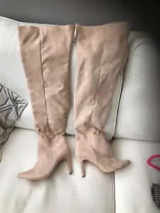 MISSGUIDED HIGH HEELED OVER KNEE BEIGE SUEDE BOOTS IN SIZE 6 TRIED ON - Picture 1 of 6