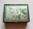 Vtg Hinged Brass Green Glass Trinket Box Foil Hummingbirds Floral Mirror Bottom