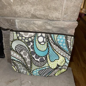 Thirty-One Zipper Pouch Paisley Hearts Green Aqua Gray Make Up Bag 12” X 10” EUC - Picture 1 of 5