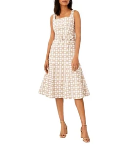 Ann Taylor Flare Belted Dress Women 8 Multicolor Rattan Print Cotton Sleeveless - Picture 1 of 13
