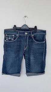 Men’s True Religion Cut Off Shorts Waist 36 Blue Embroidered Fly Zip - Picture 1 of 17