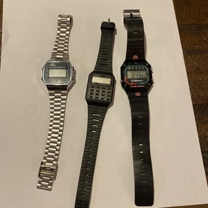 3 Vintage Digital Watch Lot Casio A168 Silver Stainless, Sanyo Calculator Repair - Picture 1 of 10