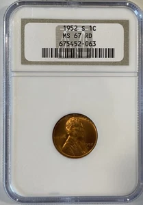 1952 S Lincoln Wheat Cent 1c, NGC MS67 RD!!!UNC High Grade, Stunning Coin - Picture 1 of 2