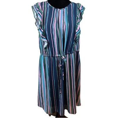ModCloth Striped Lined Dress Ruffle Sleeves Tie Waist Casual Summer Large - Image 1 of 4