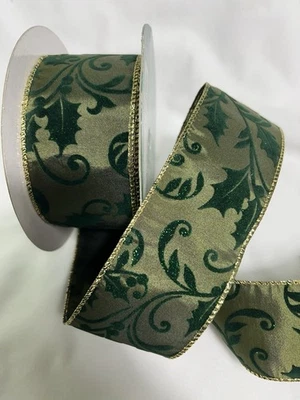 10 Yards 2.5 Inch Wired Ribbon Olive Dark Green Holly Flocked Winter Christmas - Image 1 of 2