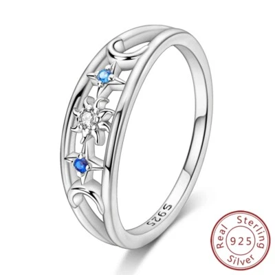 MULA New Solid S925 Sterling Silver Ring Blue AAA CZ Star Moon For Women Jewelry - Image 1 of 4