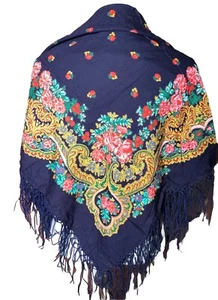 Vintage Pavlovo Posad Style Russian Scarf Shawl Blue Floral Fringe 38x38 Wool? - Picture 1 of 10