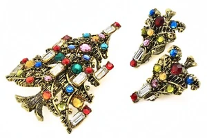 Sweet Hollycraft Signed Candle Multicolor Acrylic Christmas Tree Brooch Set - Picture 1 of 12