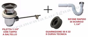 KIT PILETTA SCARICO LAVANDINO - BIDET 1.1/4" + FLESSIBILE SCARICO + GUARNIZIONE - Imagen 1 de 1