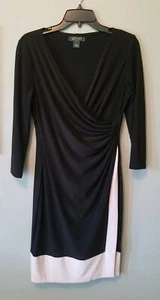 RALPH LAUREN Black/White 3/4 sleeve Faux Wrap Dress Size 8 - Picture 1 of 6