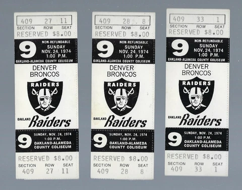 VINTAGE 1974 DENVER BRONCOS @ OAKLAND RAIDERS FULL FOOTBALL TICKETS LOT OF 3 Cover