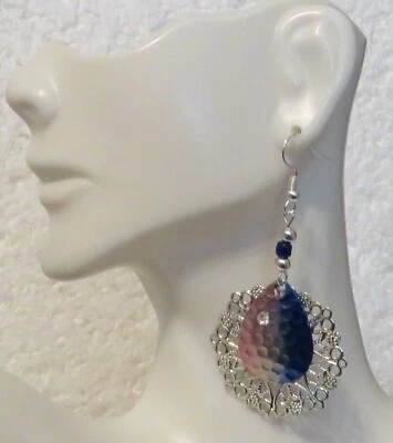 Silver Tone Filigree Medallion Pink & Blue Teardrop Accent Dangle 2" Hook - Image 1 of 3