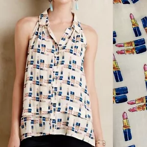 Anthropologie Maeve Tesni Lippenstift Neuheit Druck Swing Knopfleiste Hemd Größe 6 - Bild 1 von 12