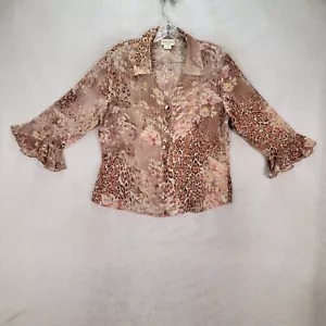 Y2K Sarah B Studio Womens Top Size MP Brown Floral Leopard Sheer Ruffle Retro - Picture 1 of 17