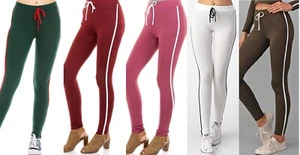 New Jersey Full Length Casual Side Striped Elastic Waist Drawstring Leggings - Picture 1 of 9