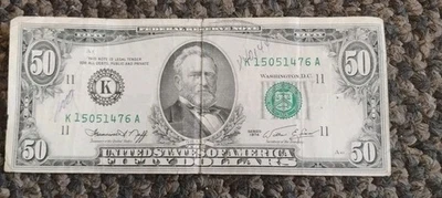 50$Dollar Bill  Circulated  US Currency Serial Number K 15051476A - Image 1 of 4