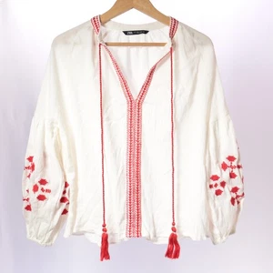 Túnica Zara Mujer Bordada Flecos Borla Blanco Rojo Boho Azteca Talla Pequeña - Imagen 1 de 9