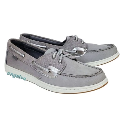 Sperry Coastfish 2 eye woven boat loafers gray leather fabric grandma preppy  - Image 1 of 4