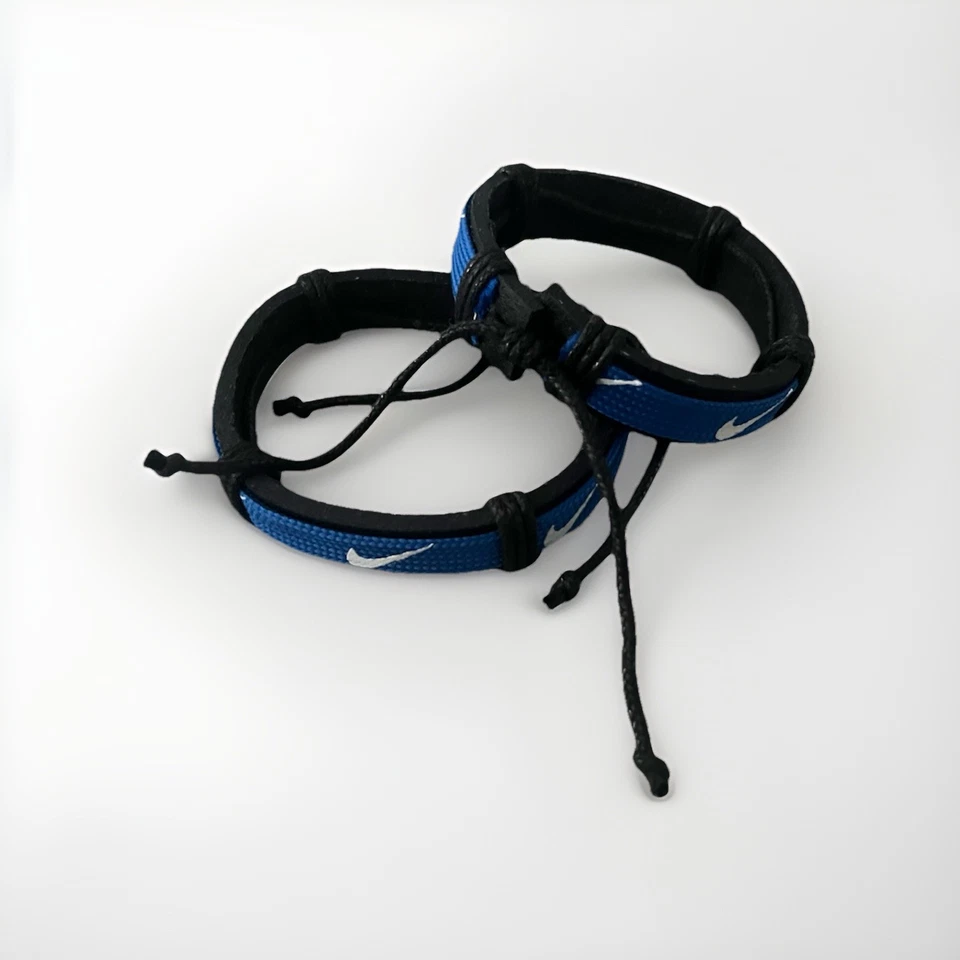 Nike Unisex Sports Leather Cord Tribal Bracelet Wristband Blue With White 2 Pcs - Image 1 of 1