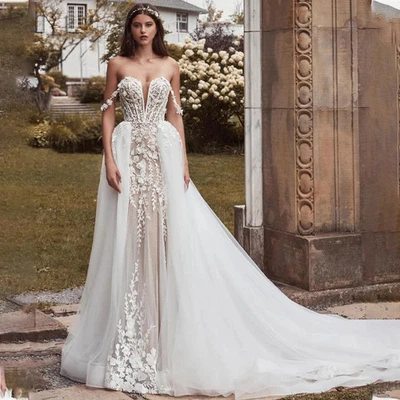 V-neck Full Lace Applique Mermaid Wedding Dresses Detachable Train 2 In 1 - Image 1 of 4