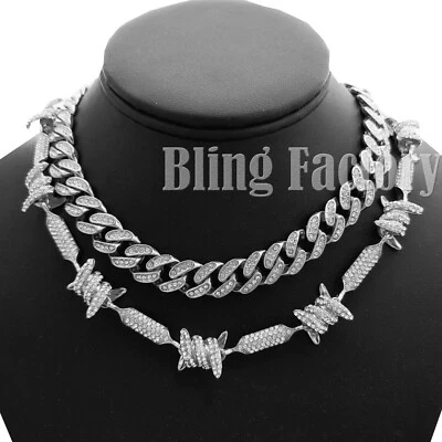 Collar Gargantilla Cadena Hip Hop Plata PT Bling Completo Helado 18" Alambre Cubano y de Púas Foto 1 de 3